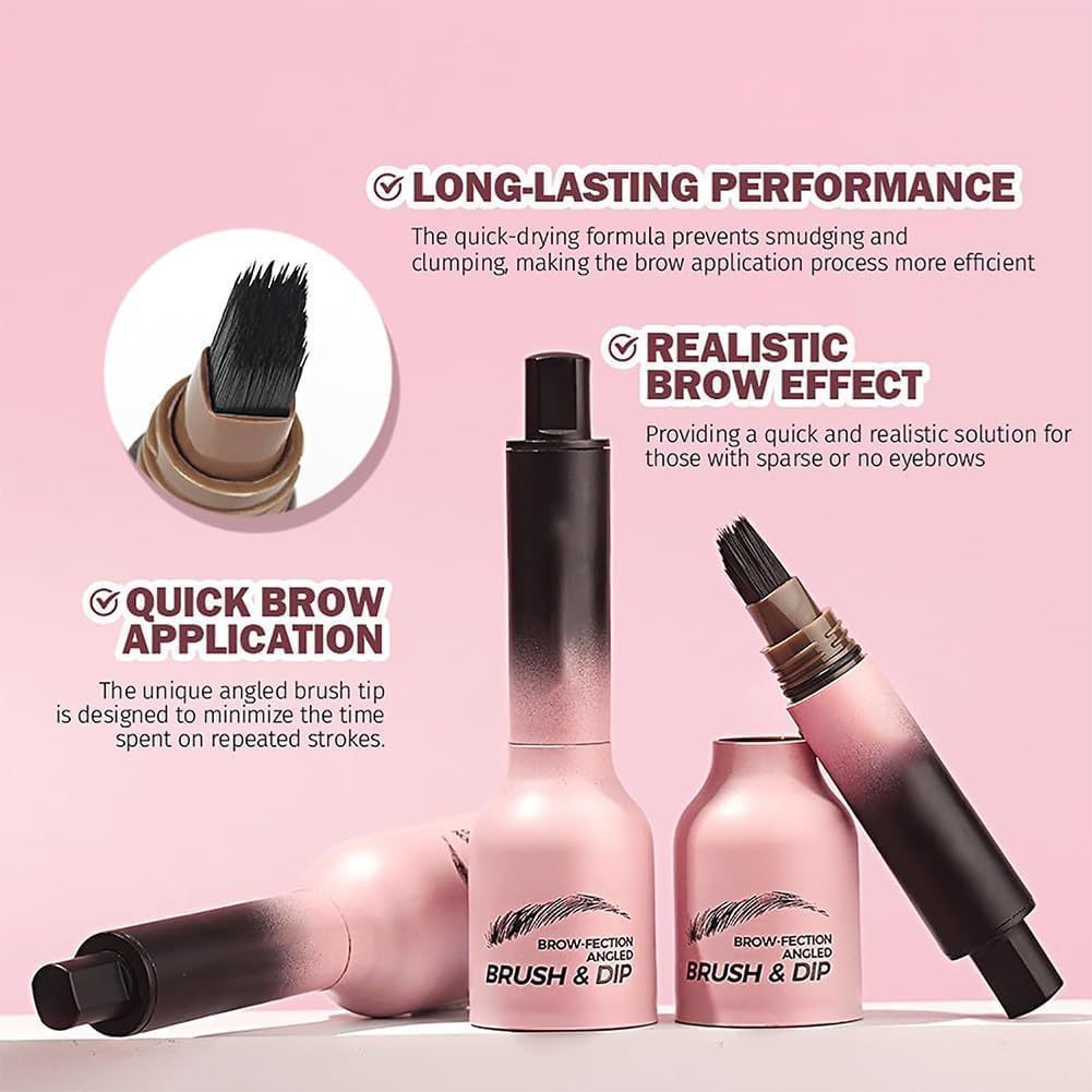 Brow grooming products with text highlighting long-lasting performance, realistic brow effect, and quick brow application on a pink background.