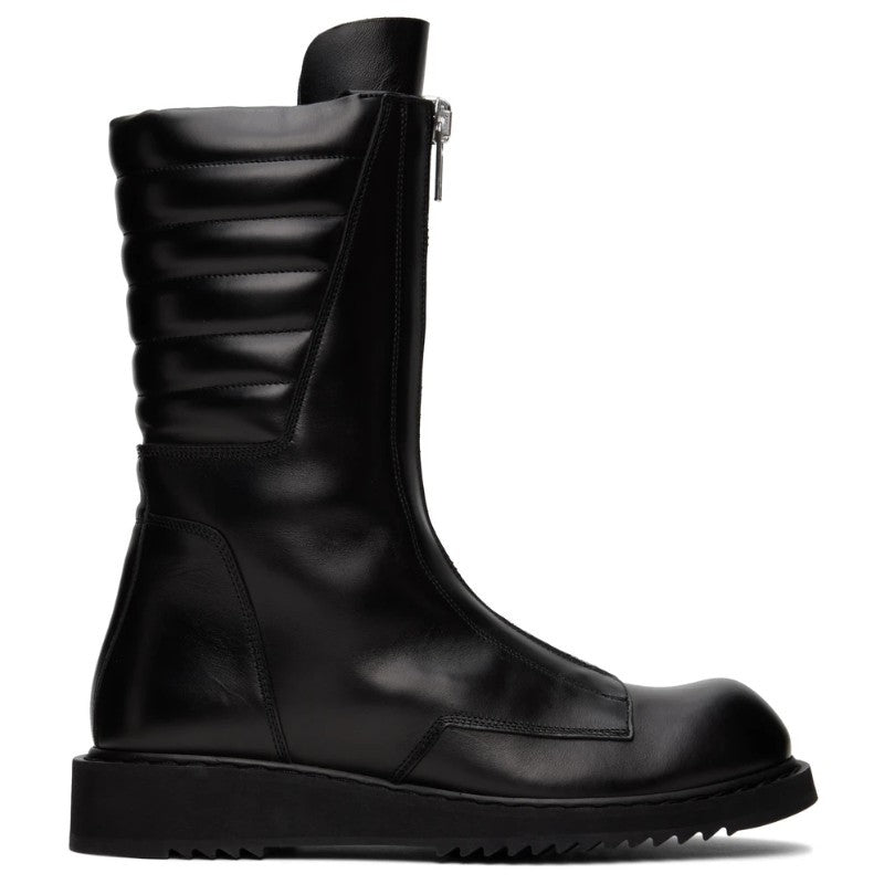 Black leather boot with a zipper on a white background