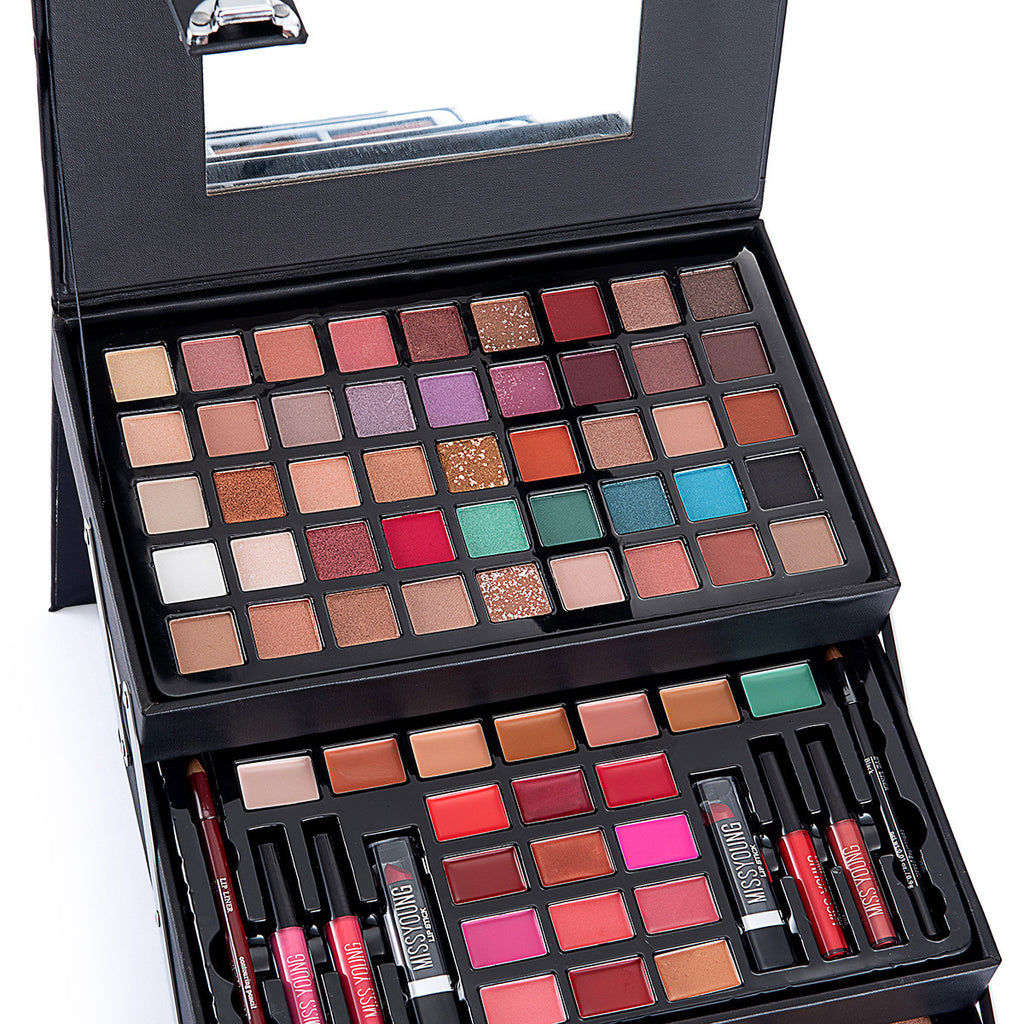 Makeup palette with various shades of eyeshadows and lipsticks on a white background