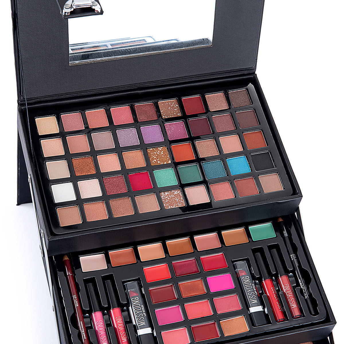 Makeup palette with various shades of eyeshadows and lipsticks on a white background
