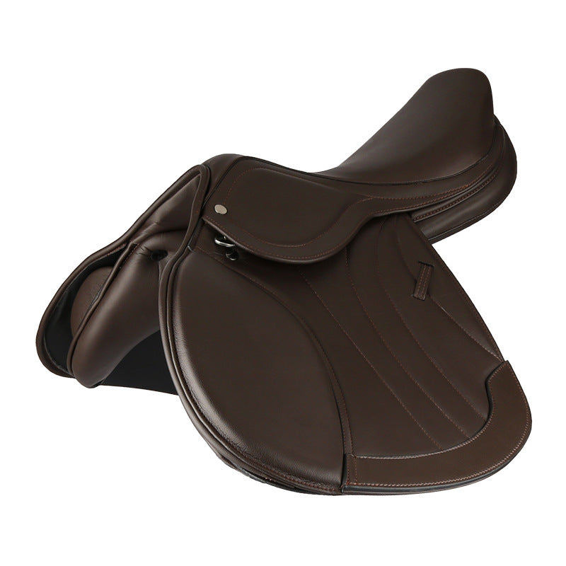 Brown leather saddle on a white background