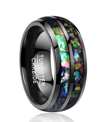 Tungsten carbide ring with colorful inlay on a white background