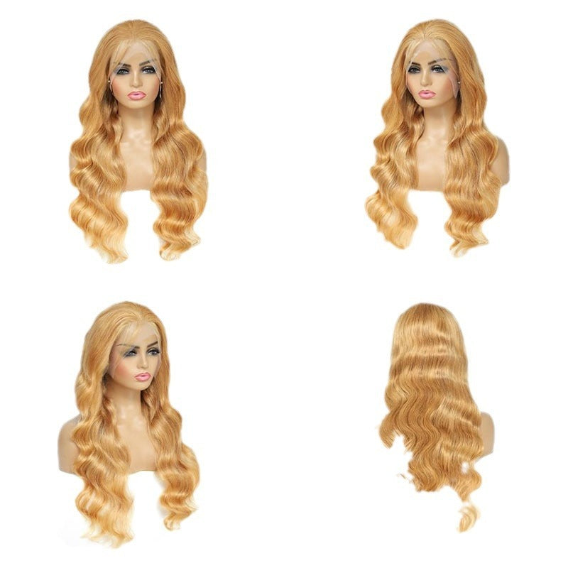 Four blonde wigs on mannequin heads against a white background