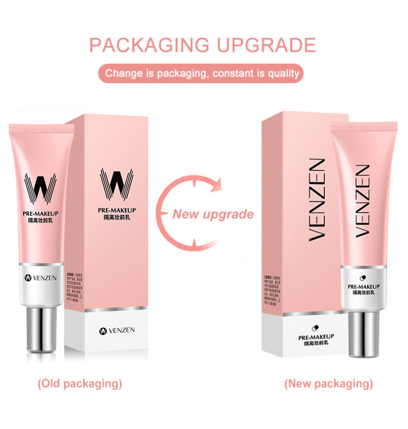 Comparison of old and new VENZEN skincare product packaging on a white background.