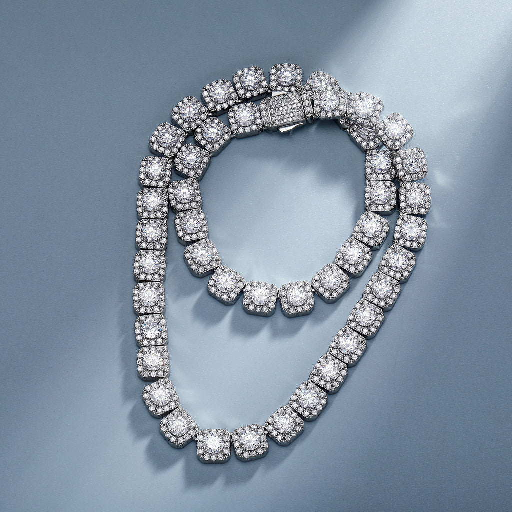 Diamond necklace on a light blue background