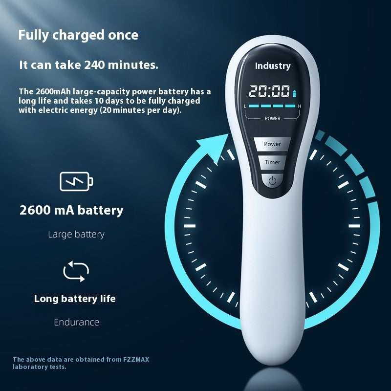 White electronic device with digital display on a dark blue background, featuring text about battery life and charging time.