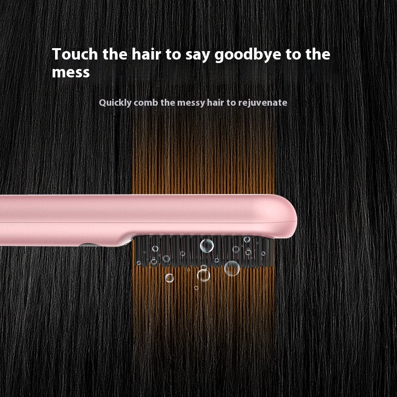 Hairbrush with pink handle combing through dark hair against a black background
