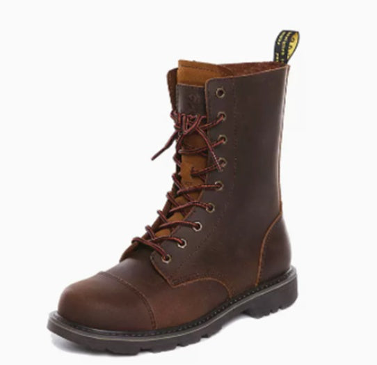 Brown leather boot with laces on a white background
