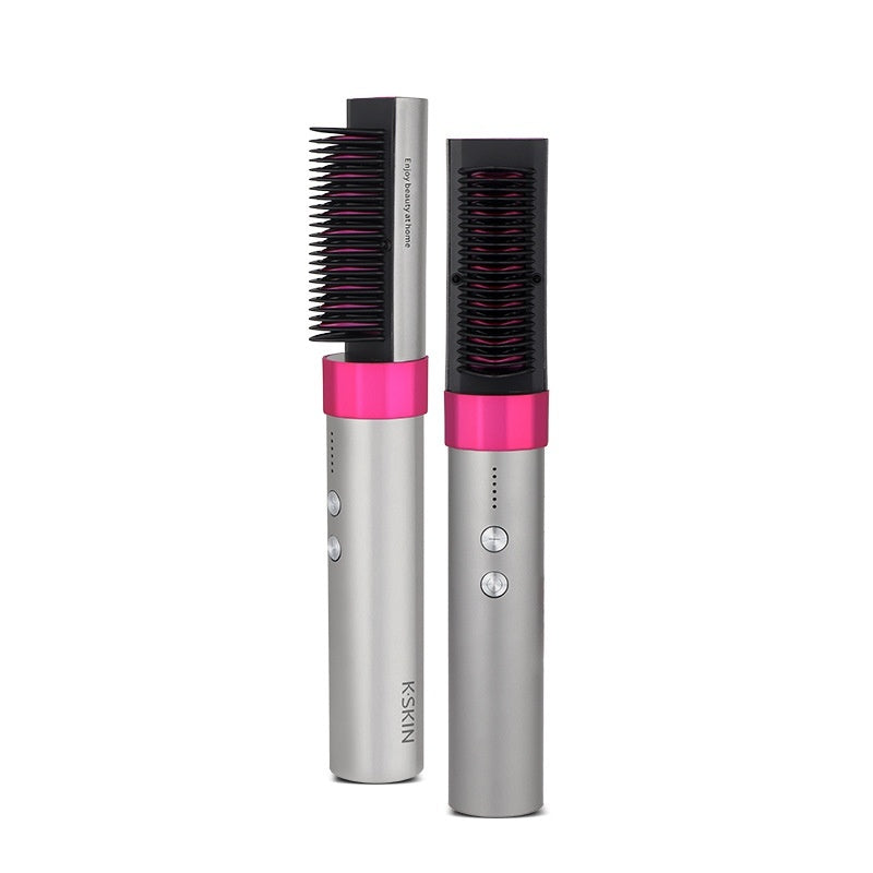 Two hair styling tools with pink accents on a white background