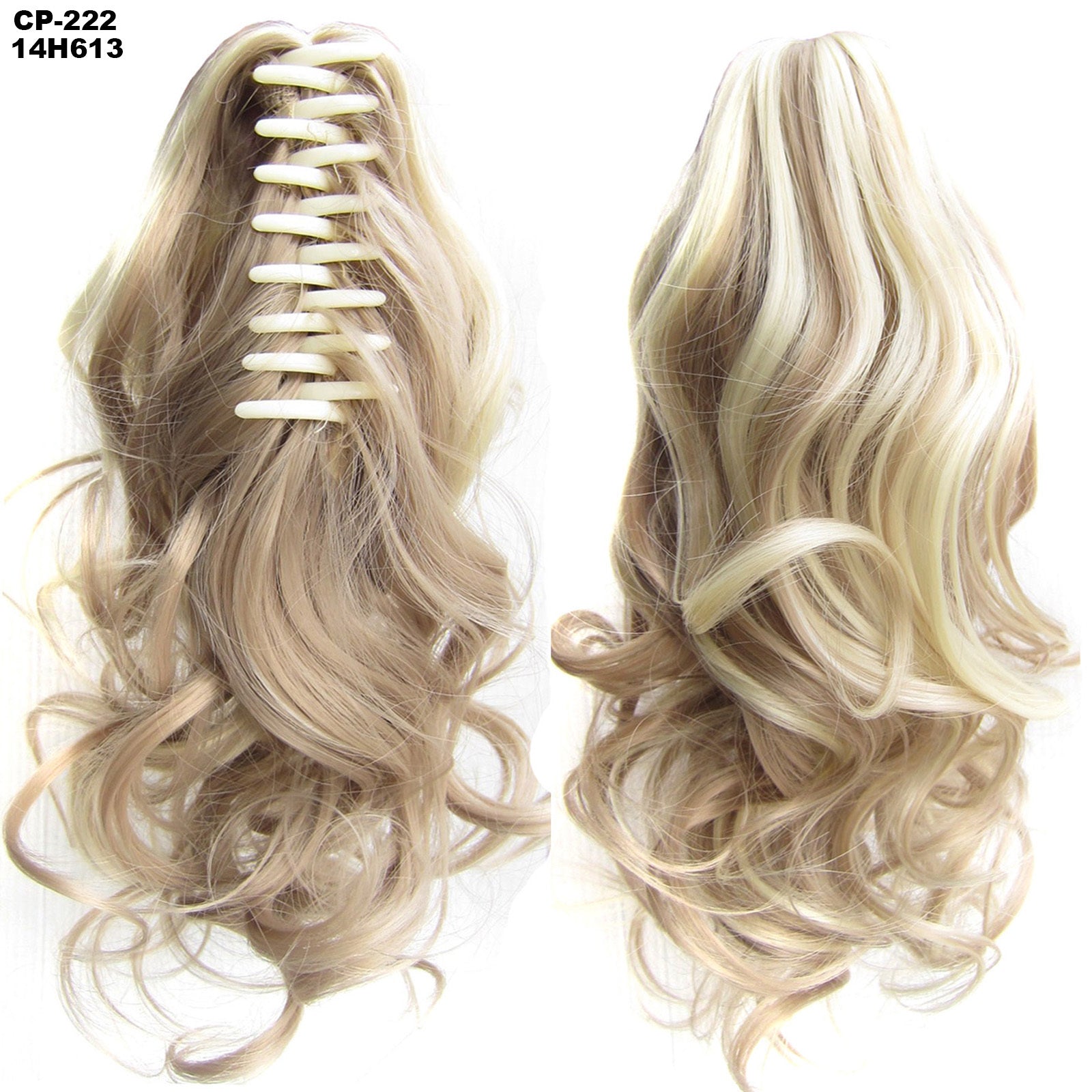 Blonde hair extensions with a comb on a white background