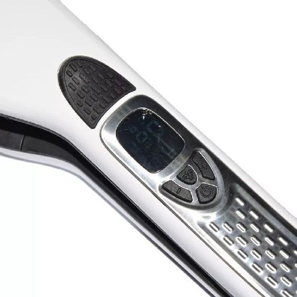 Close-up of a metallic handle with control buttons on a white background