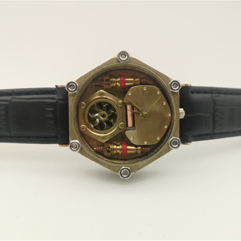 Steampunk-style watch with visible mechanical components on a white background