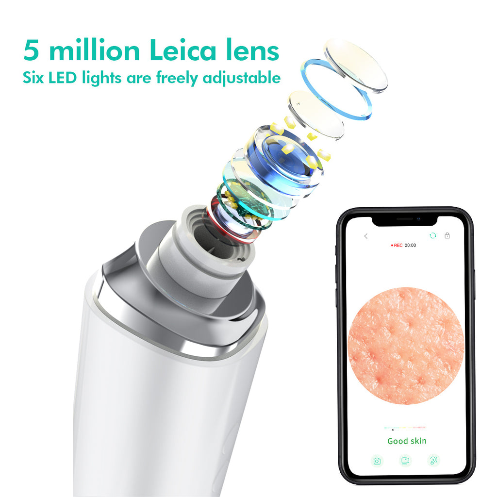 Skincare device with Leica lens technology and smartphone app displaying skin analysis on a white background