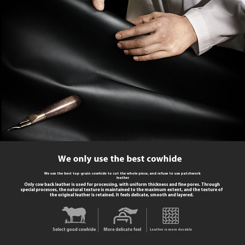 Person holding black leather with a knife, emphasizing high-quality cowhide leather.