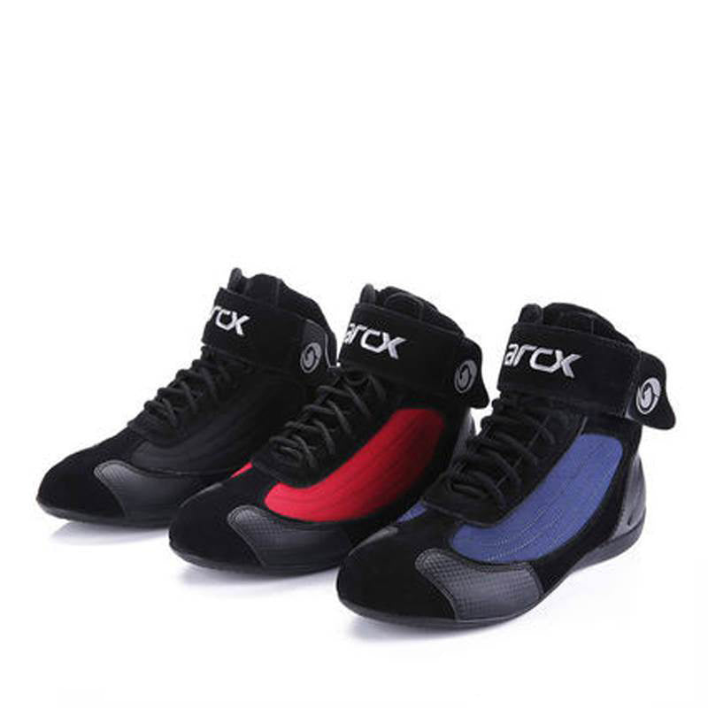 Three pairs of black high-top shoes with red, blue, and gray accents on a white background.