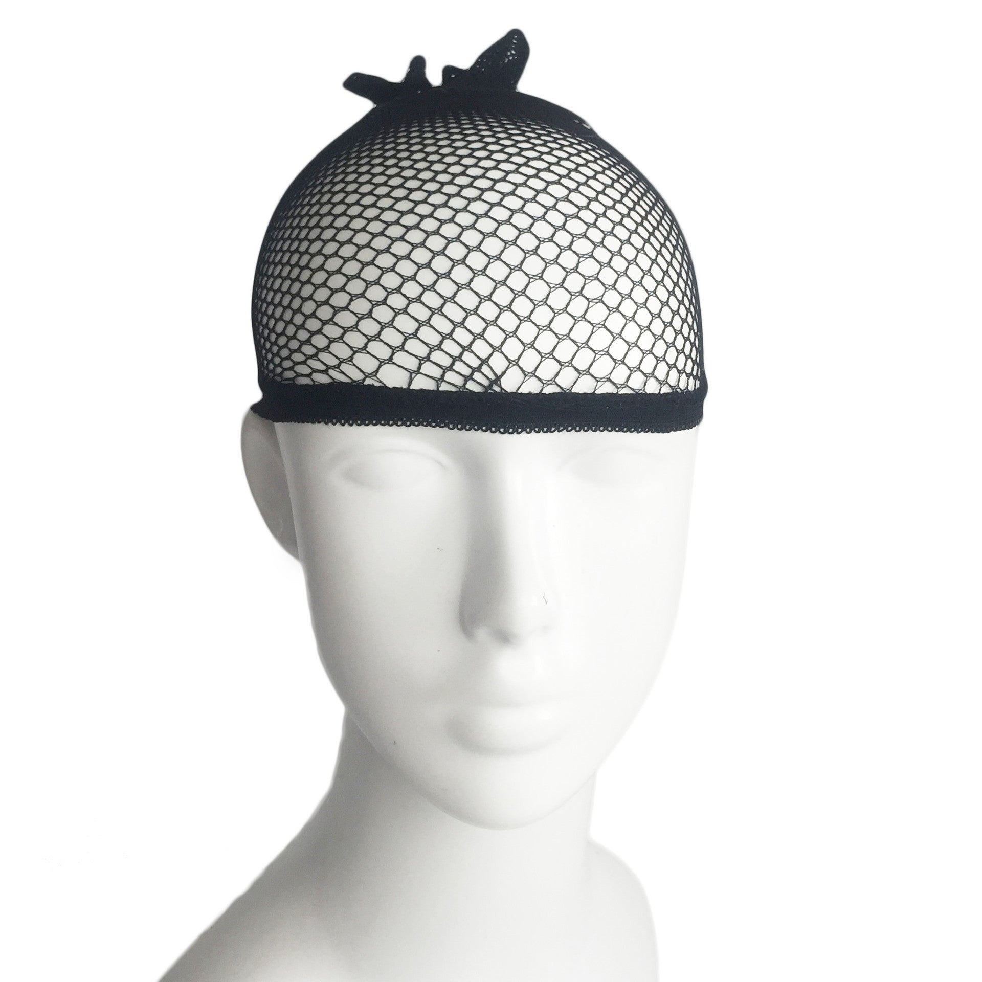 Black fishnet cap on a mannequin head against a white background
