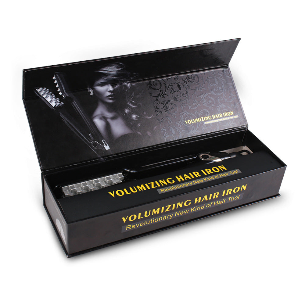 Volumizing hair iron in open packaging with branding and product image.