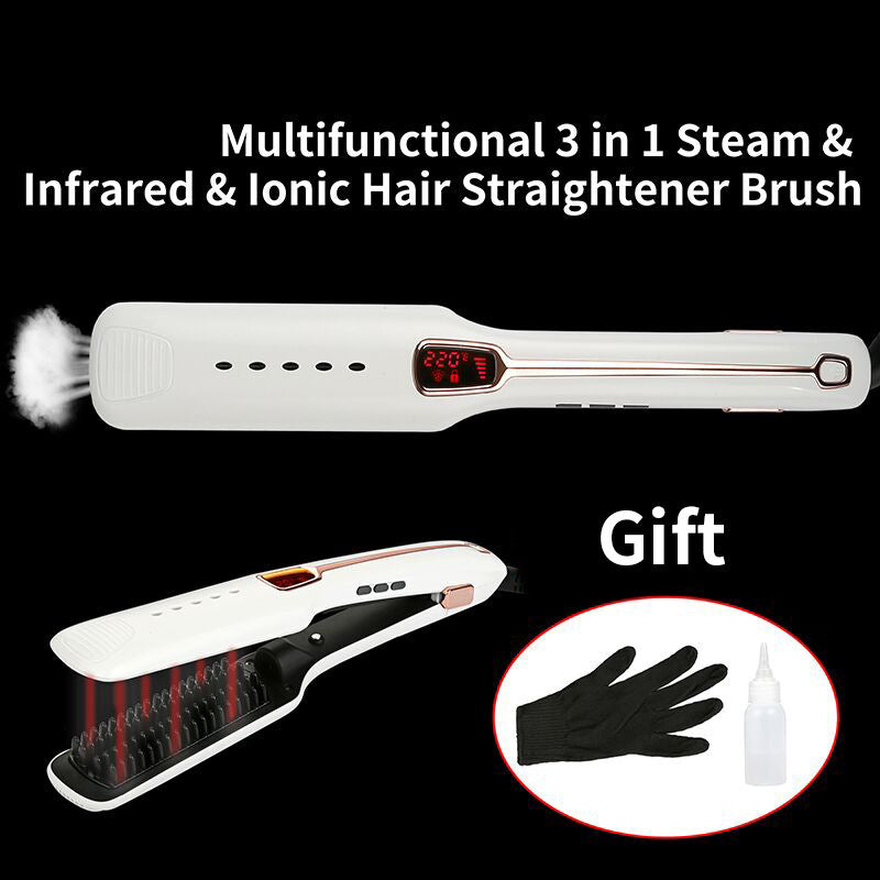 Multifunctional 3-in-1 steam, infrared, and ionic hair straightener brush with a digital display on a black background.