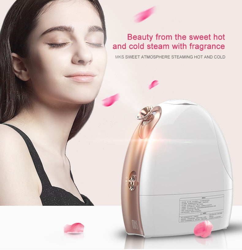 Woman with closed eyes next to a white and gold device with pink petals around, on a light pink background.