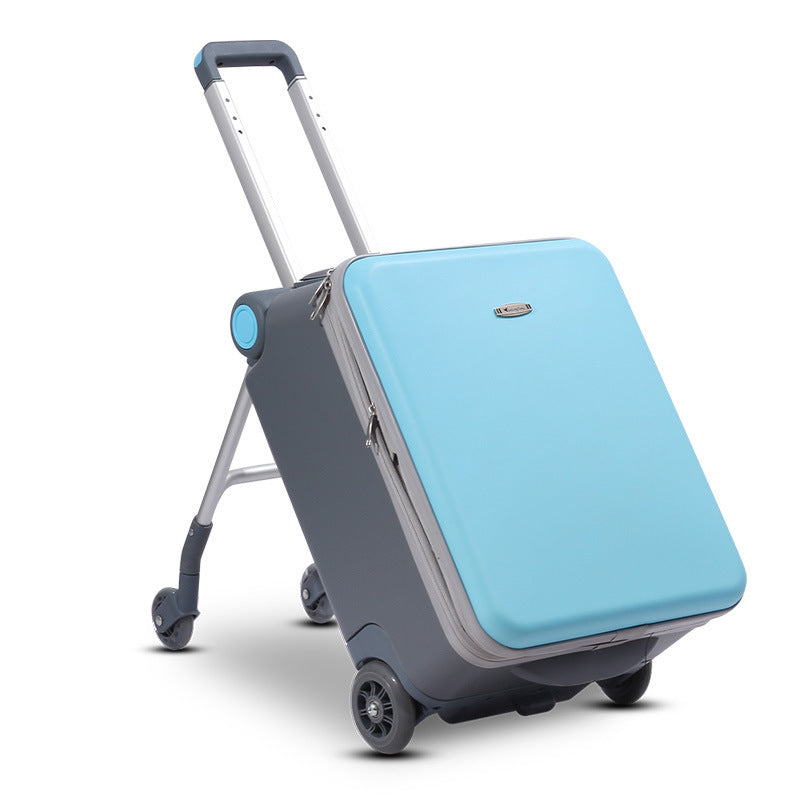 Two-tone suitcase with a light blue top and gray bottom on a white background