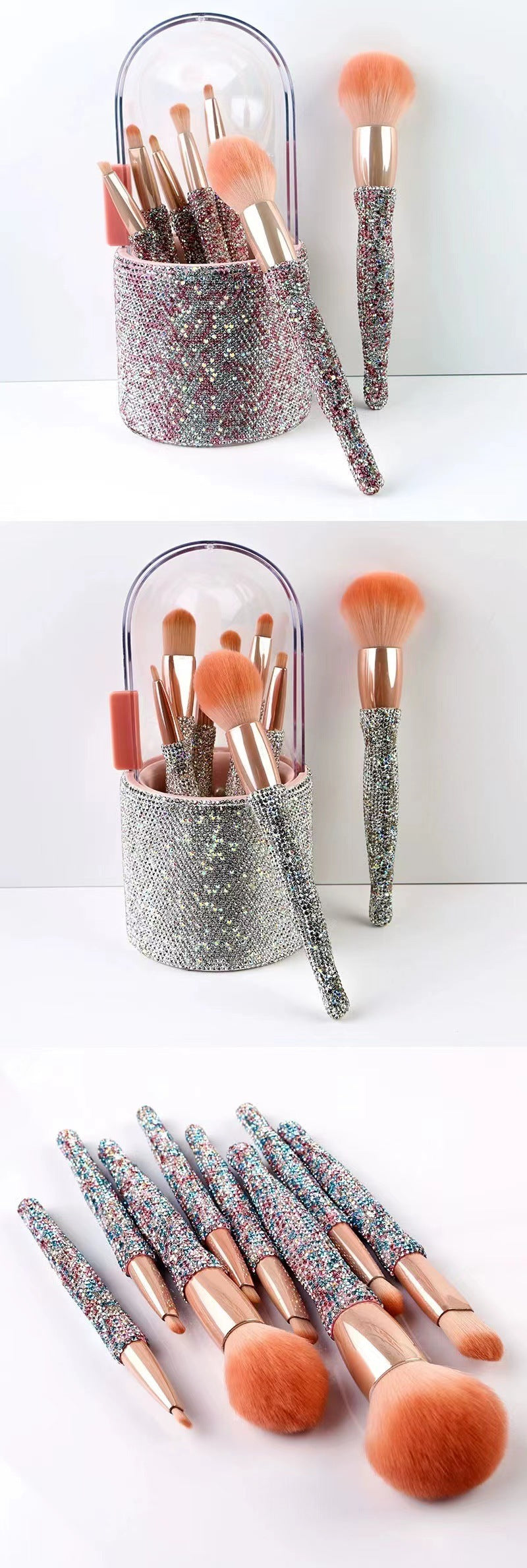 Set of makeup brushes with glittery handles on a white background