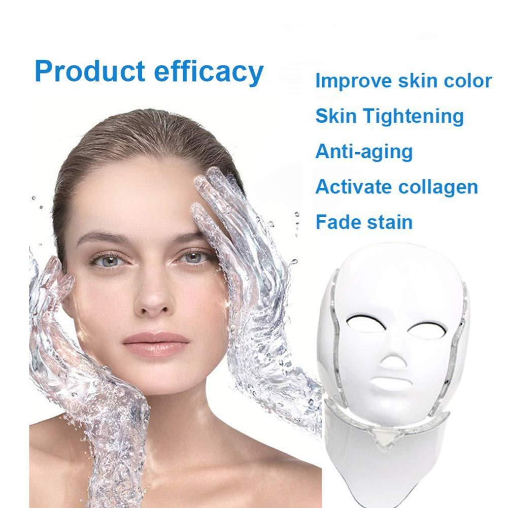 Woman's face with product efficacy text and a device on a white background