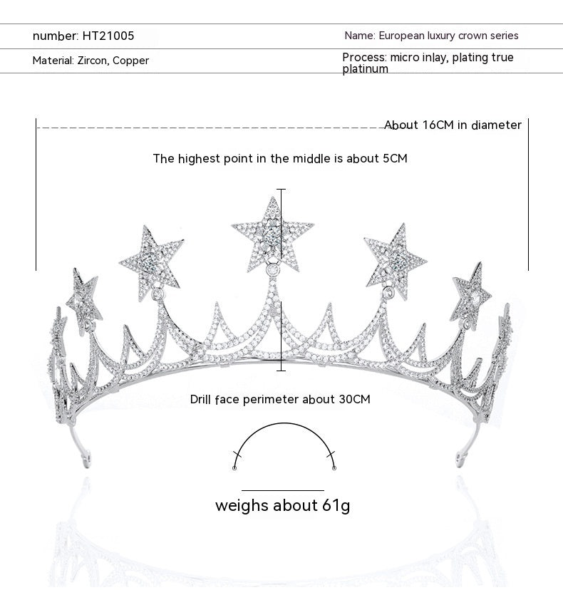 Diagram of a silver crown with star designs and measurements on a white background