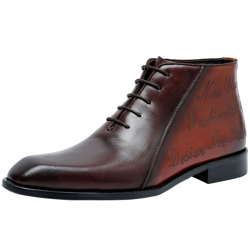 Brown leather shoe with black laces on a white background