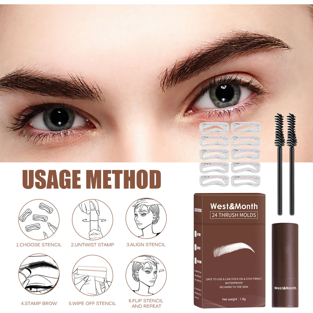 Eyebrow grooming kit with stencils, stamp, and眉产品 packaging on a close-up of eyes background.