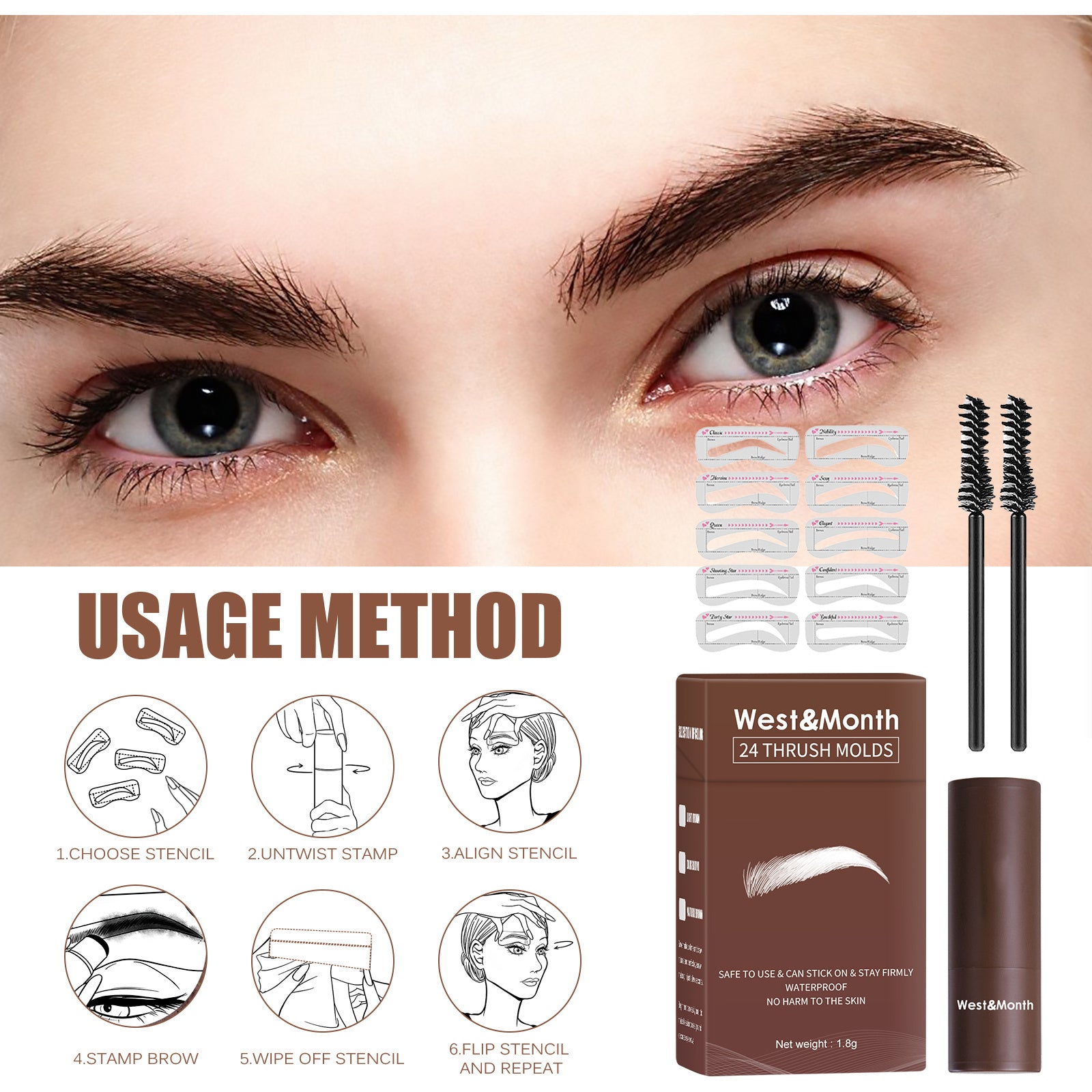 Eyebrow grooming kit with stencils, stamp, and眉产品 packaging on a close-up of eyes background.