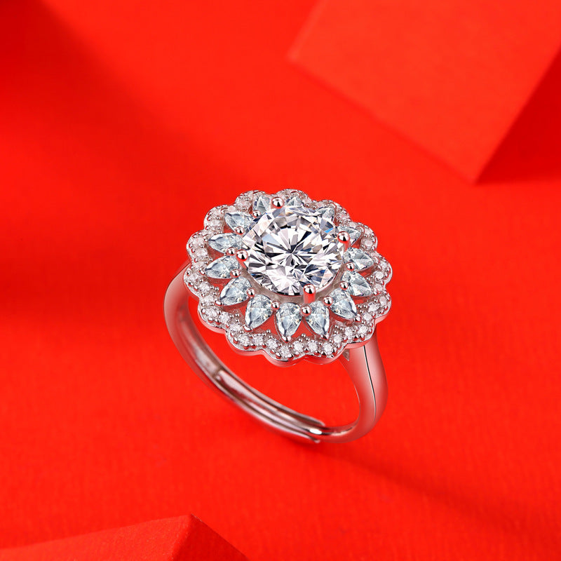 Elegant diamond ring on a red geometric background