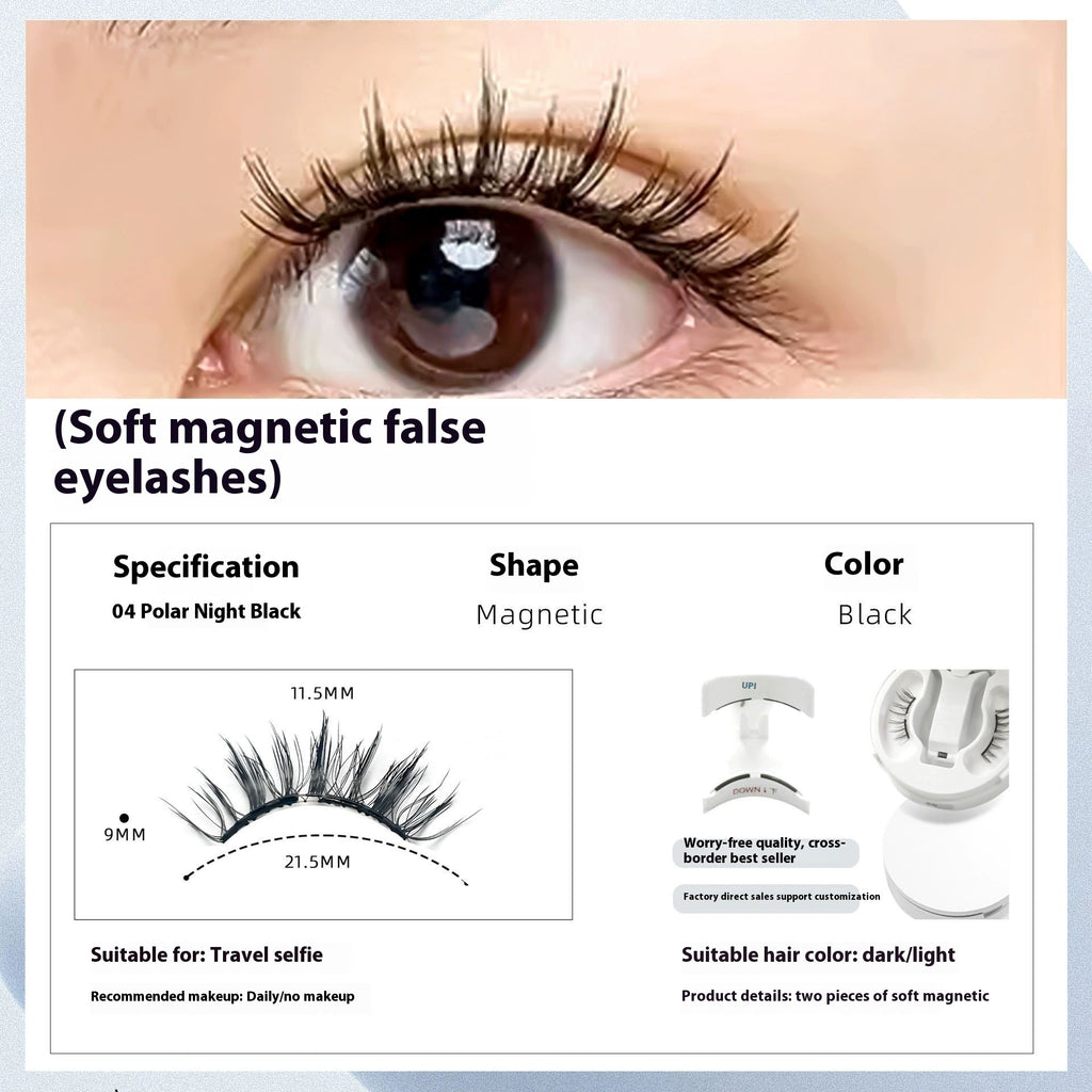 Soft magnetic false eyelashes with product details on a white background