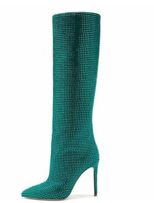 Teal knee-high boot with stiletto heel on a white background