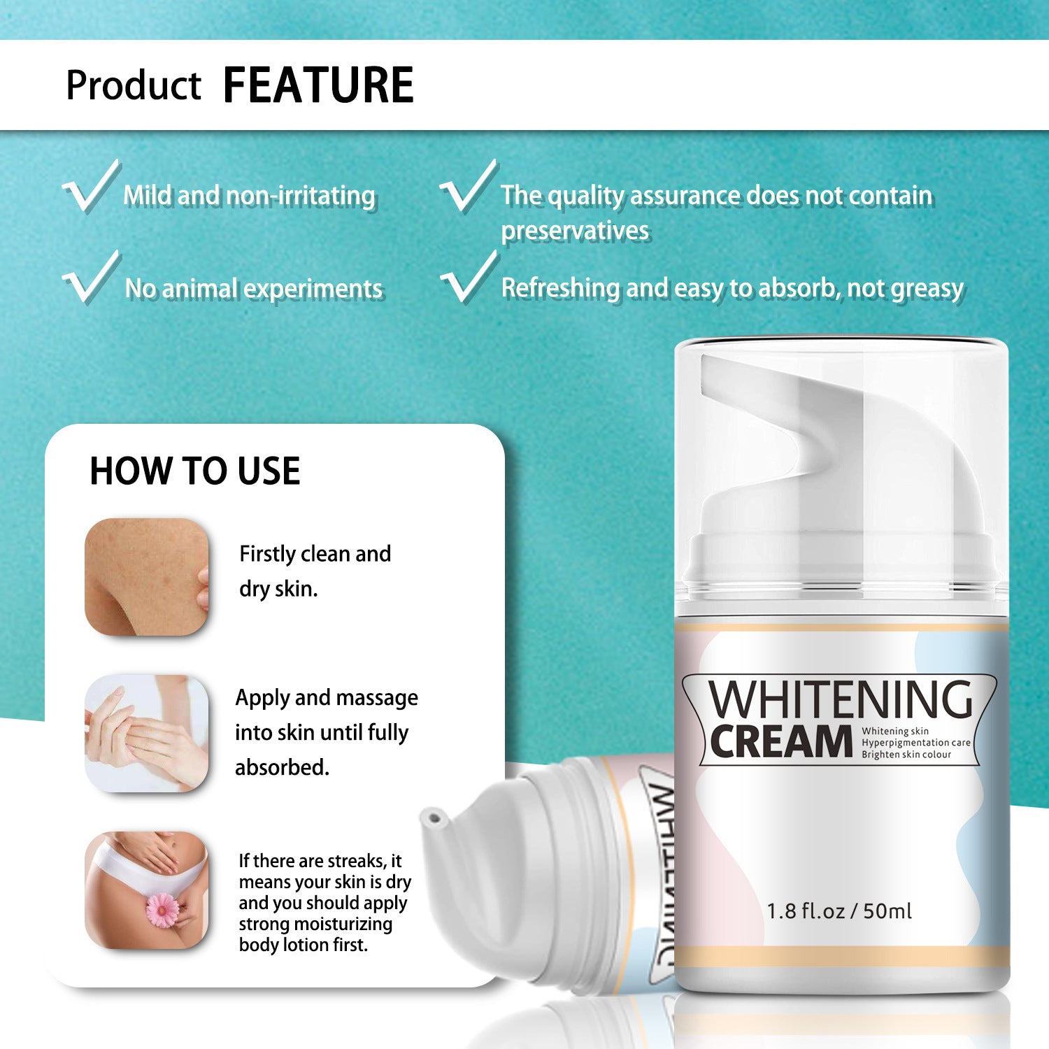 Whitening cream packaging with features and usage instructions on a teal background