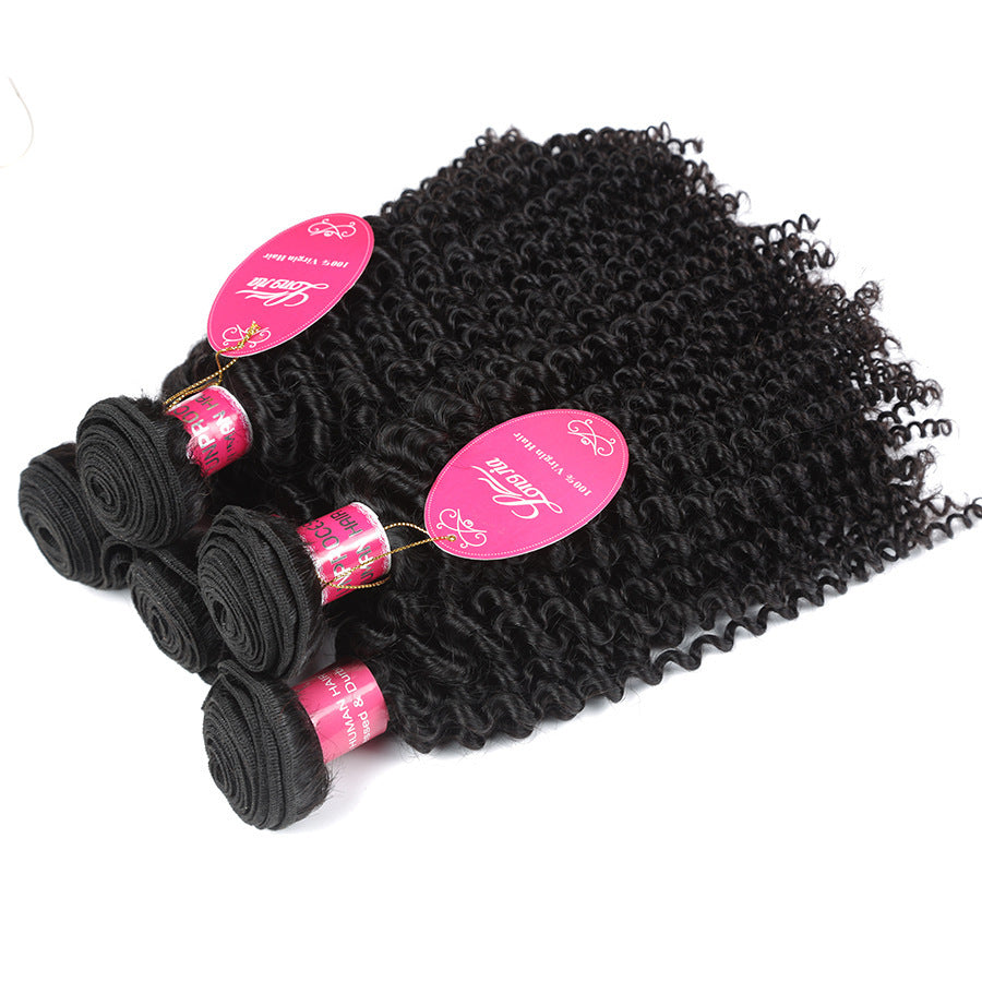 10A Deep Curly Brazilian Human Hair Bundles Weave with natural 1B color and tight deep curls displayed on white background