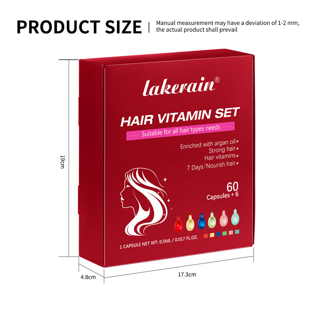 Red box of Lakerain Hair Vitamin Set with dimensions on a white background