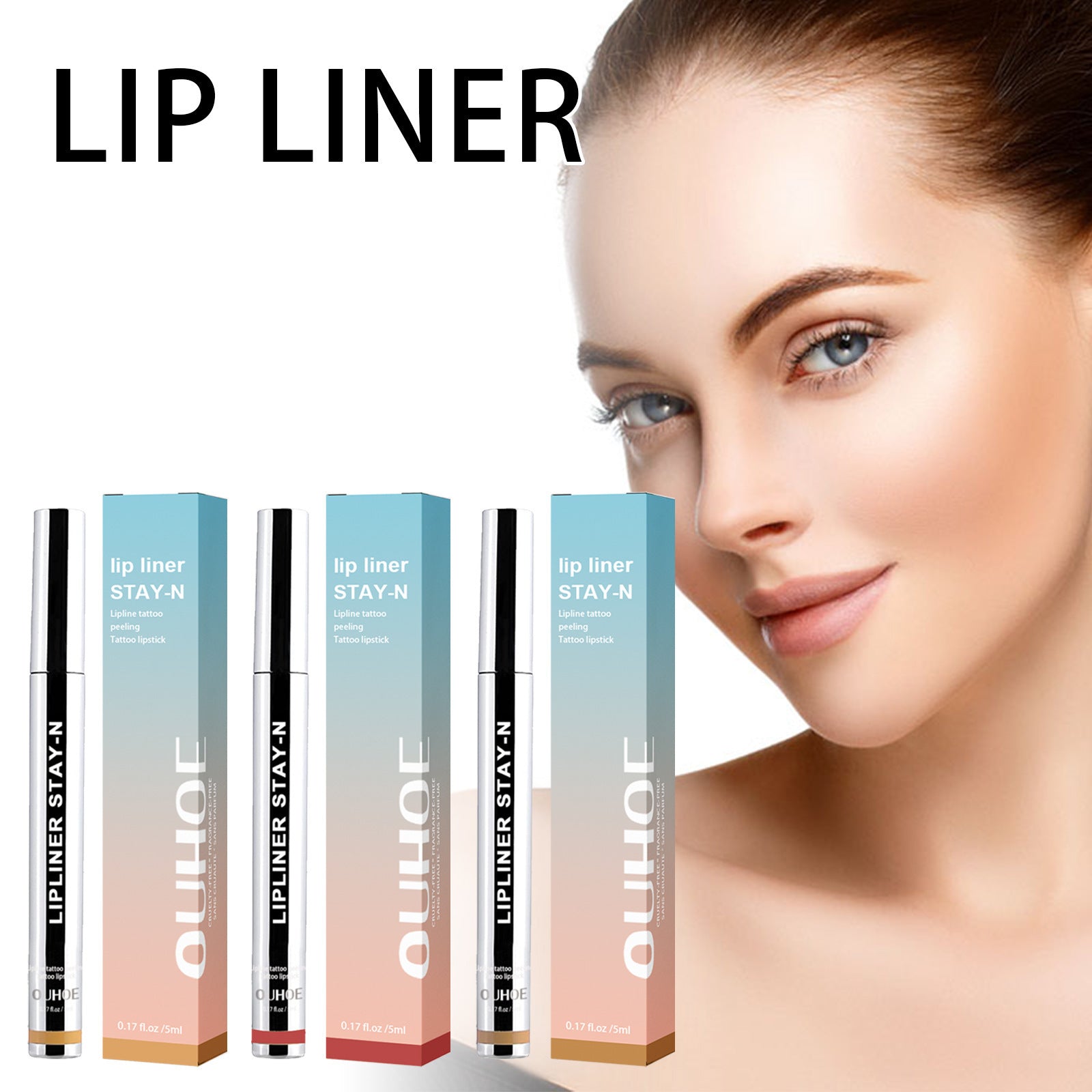 Lip liner products with a model wearing the product on a white background