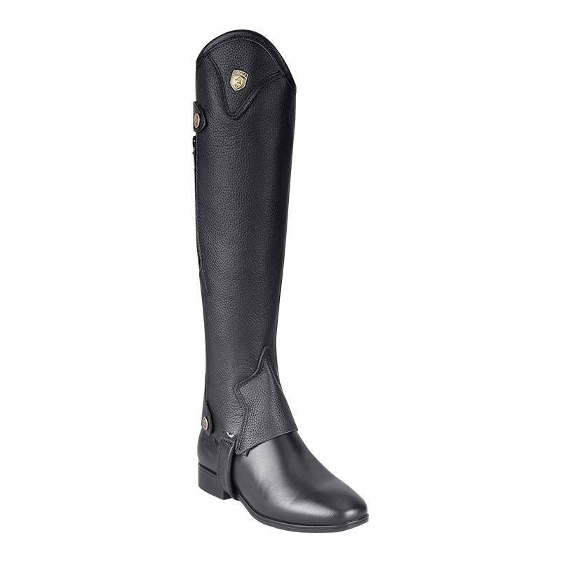 Black riding boot on a white background