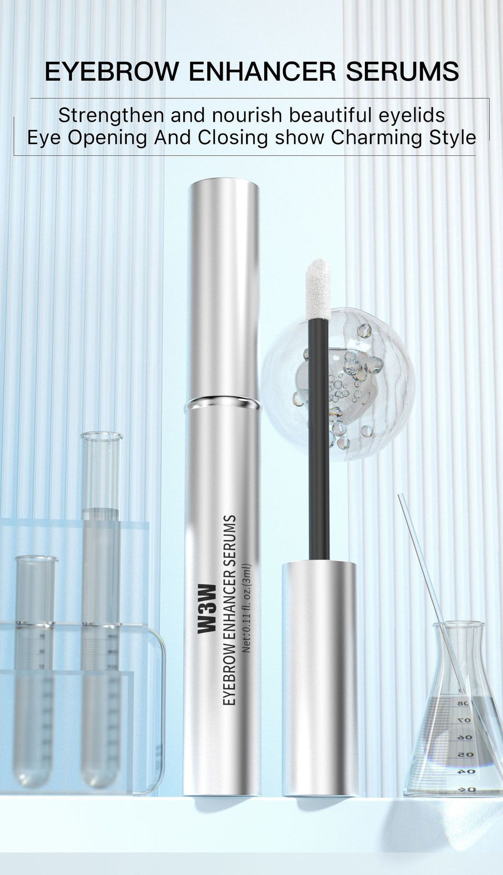 Eyebrow enhancer serums with a blue gradient background