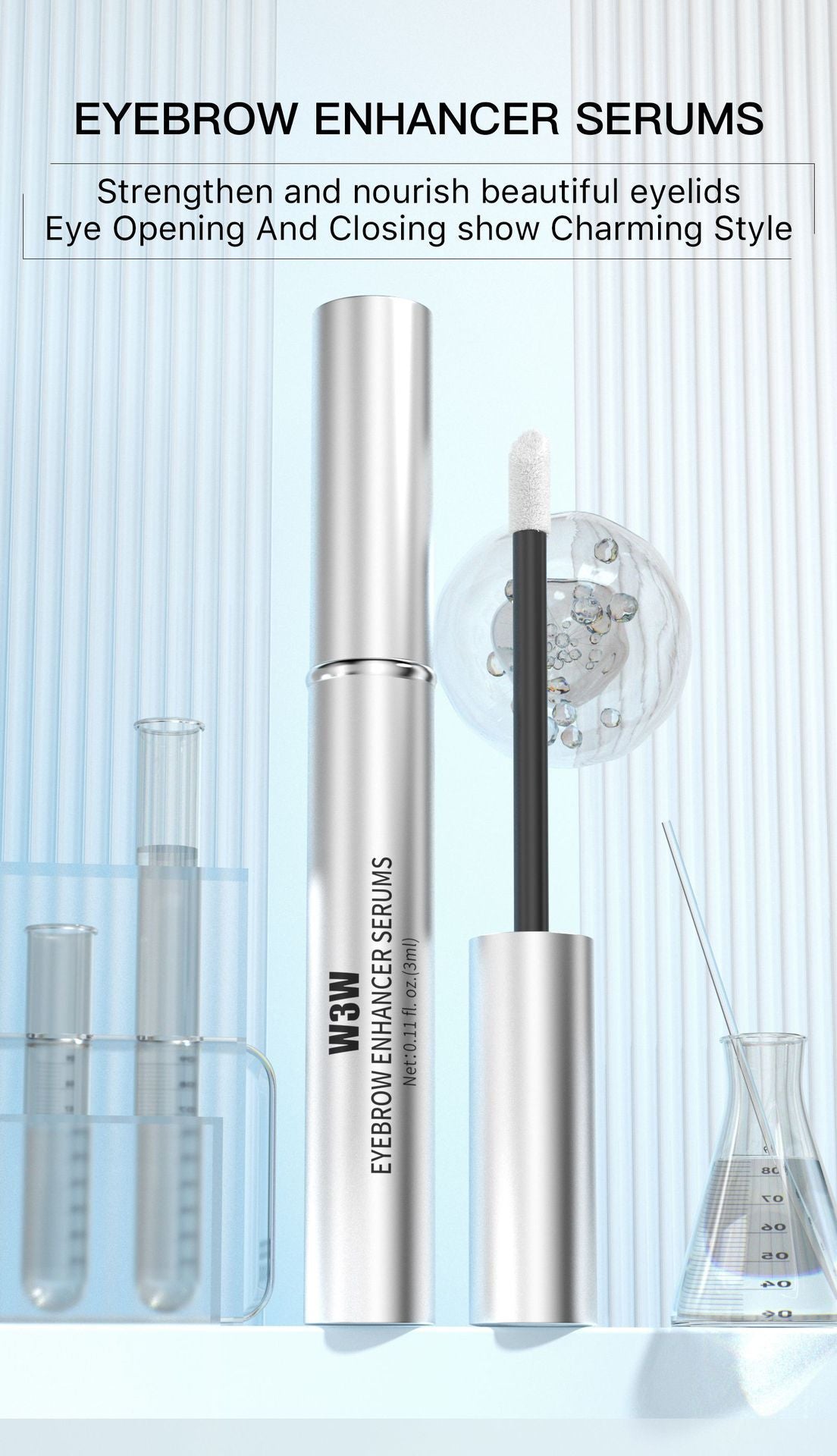 Eyebrow enhancer serums with a blue gradient background