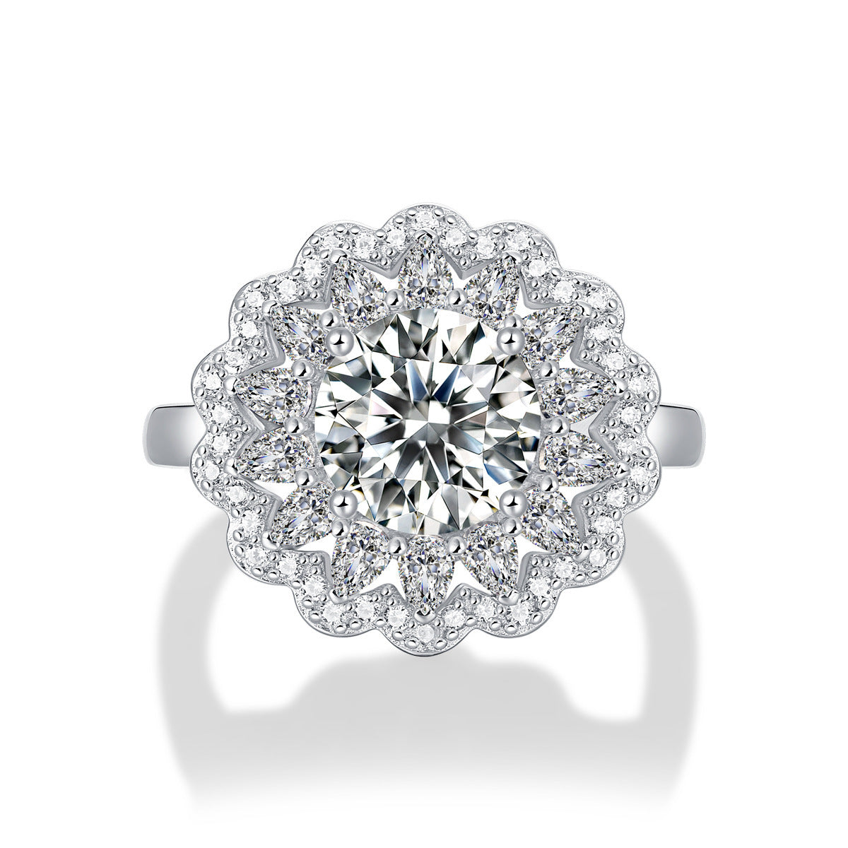Diamond ring with floral halo on a white background