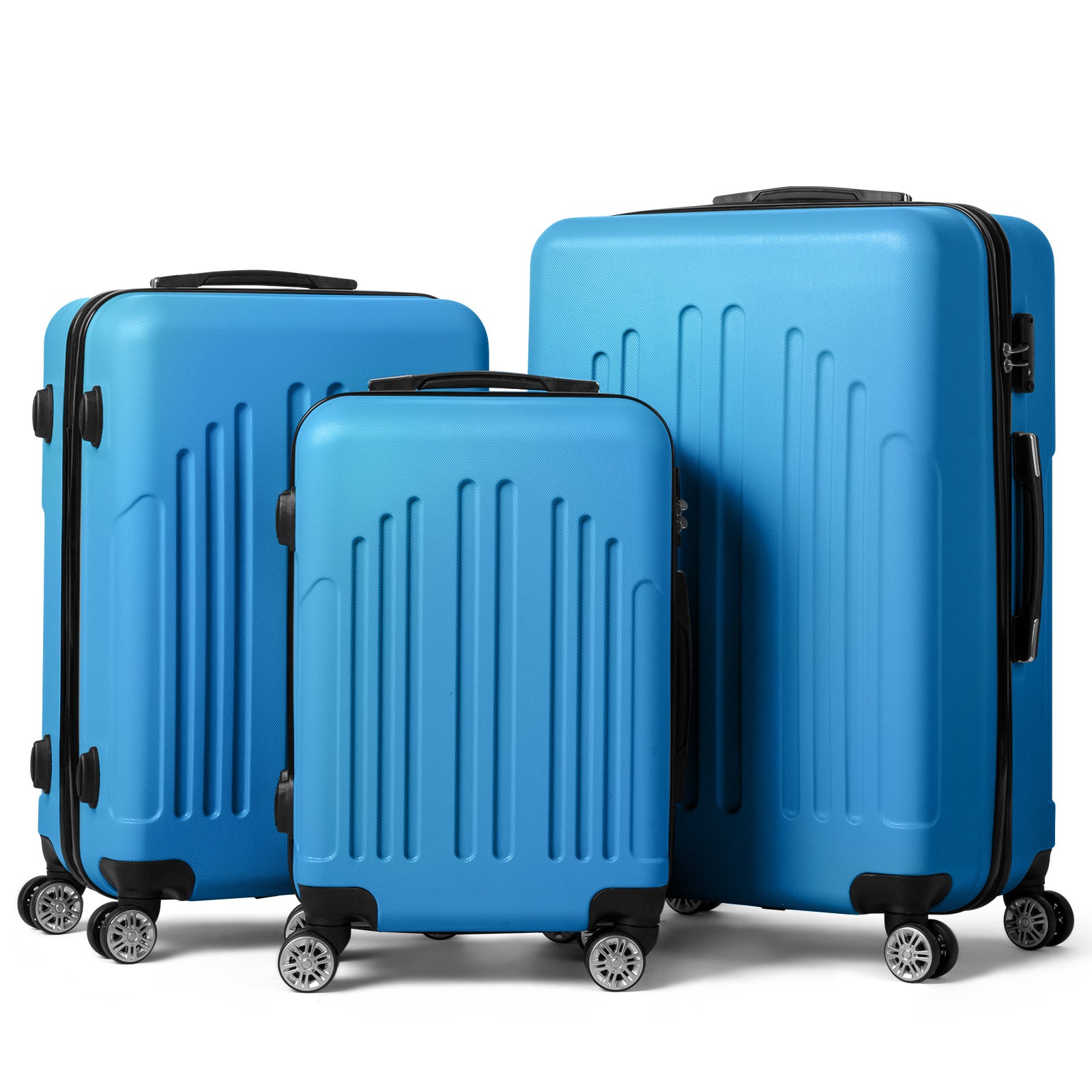 Three blue suitcases of different sizes on a white background