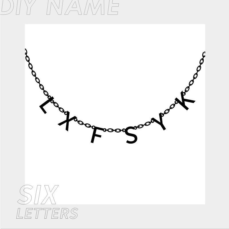Necklace with black letter pendants on a white background