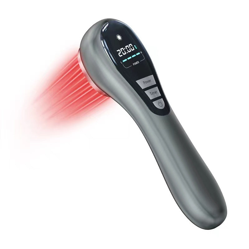 Handheld device with digital display and red light emission on a white background