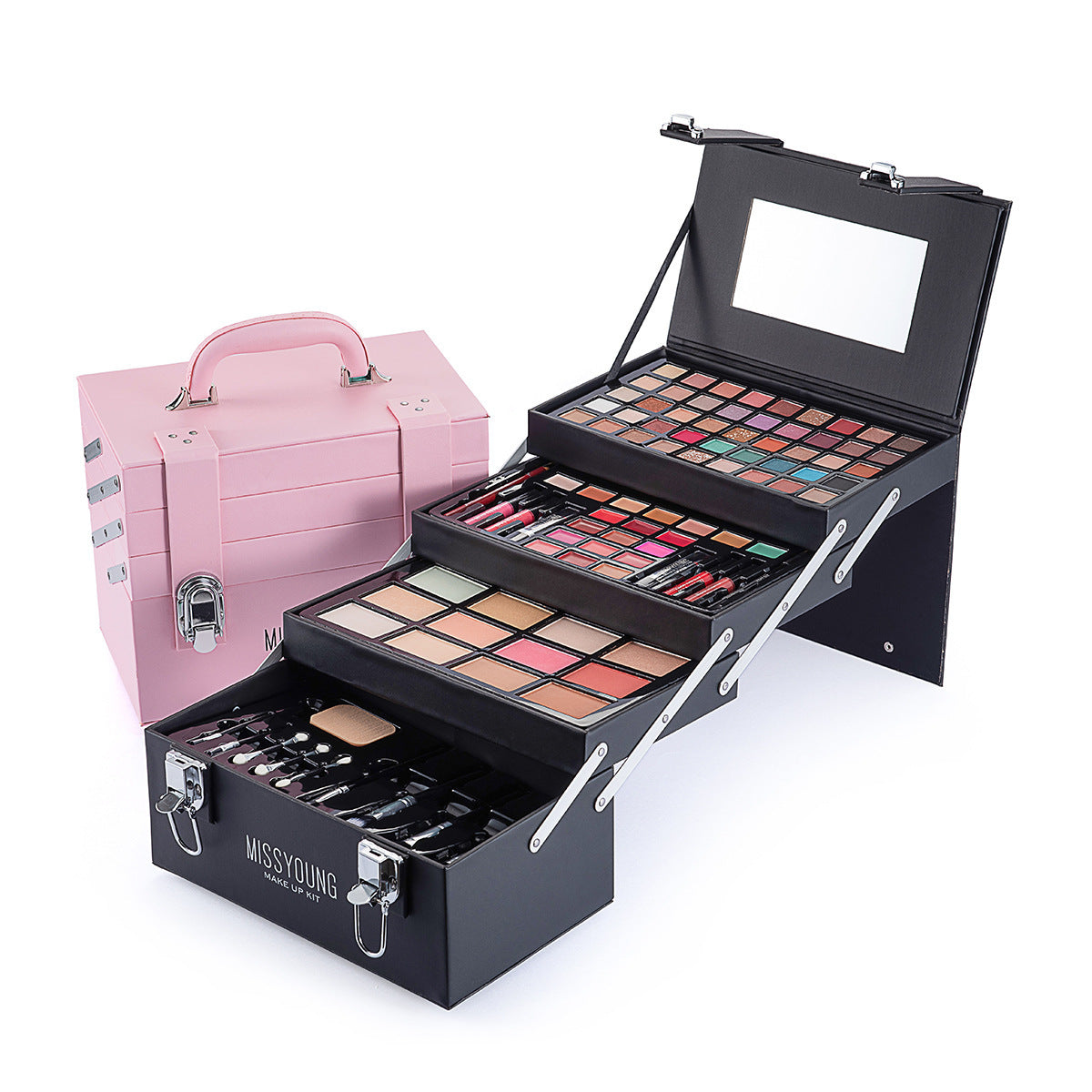 Makeup set with multiple palettes and tools in a black case, pink box in the background.
