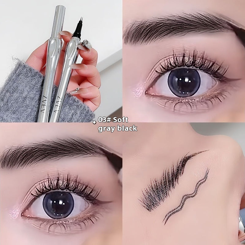 Eyeliner pen with close-up shots of eye makeup application on a white background.