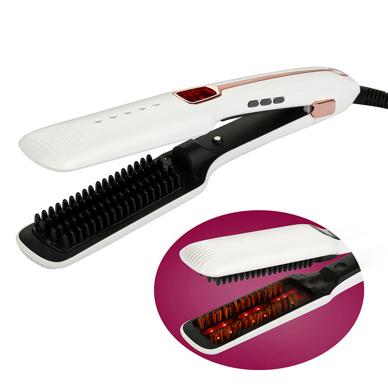 Hair straightener with close-up inset on a white background