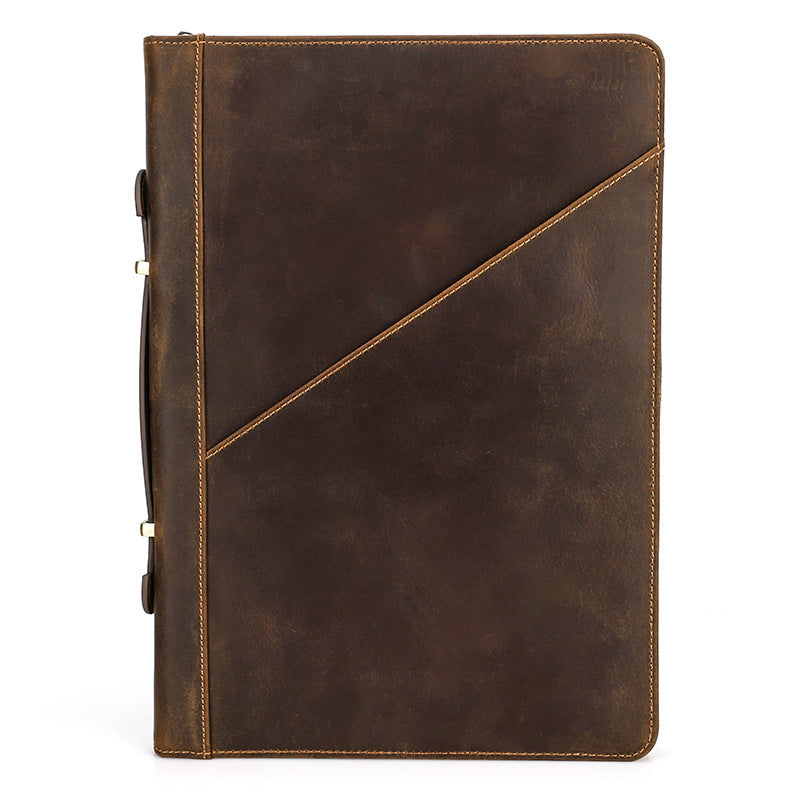 Brown leather tablet case on a white background