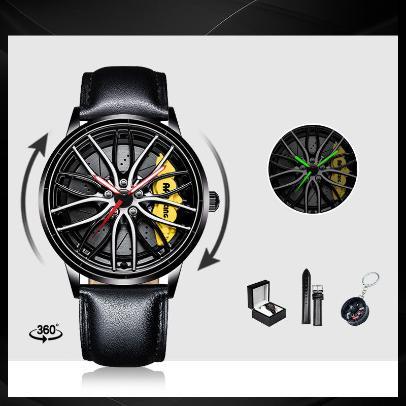 Black wristwatch with car wheel design, packaging box, pen, and keychain on a white background