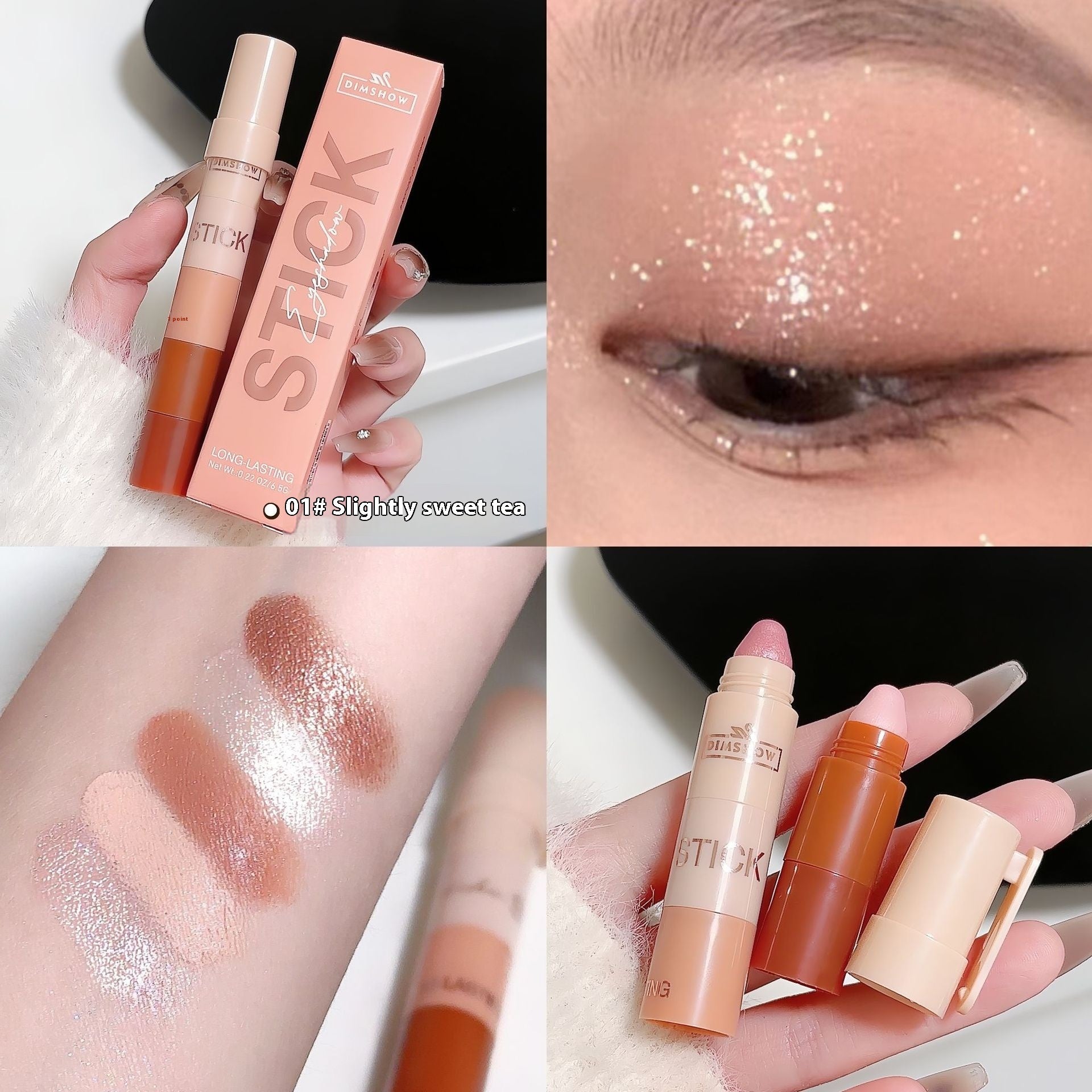 Collage of a makeup product with close-ups of application on skin and swatches.